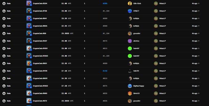 A dark-mode cryptocurrency marketplace listing showing multiple NFT sales with prices ranging from approximately 19-56K APE, featuring usernames like "tuttyjda," "goodvibe," and buyer addresses in the right column.