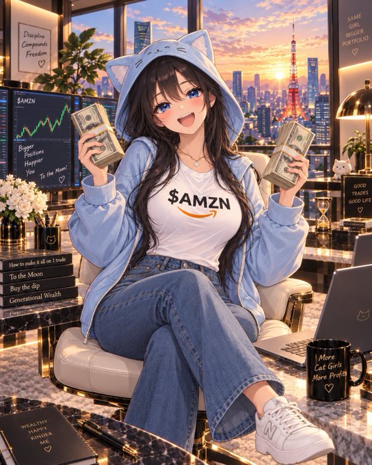 An anime-style illustration of a cheerful girl in a blue cat-eared hoodie and an Amazon '$AMZN' t-shirt holding stacks of cash, sitting in a luxurious room with city views and various stock market-related notes.