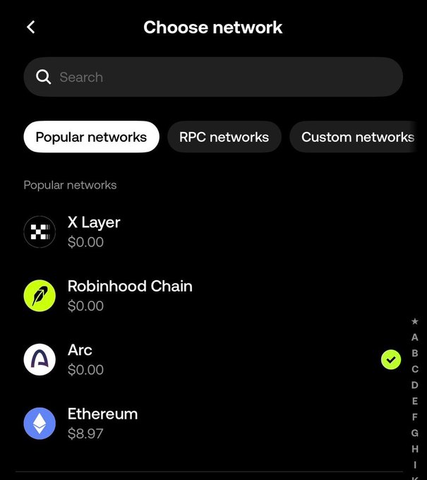 The image shows a "Choose network" screen in the OKX Wallet app, listing popular networks including X Layer ($0.00), Robinhood Chain ($0.00), Arc ($0.00, currently selected), and Ethereum ($8.97), with options to view RPC or Custom networks. The screenshot illustrates the post's point about OKX Wallet supporting multiple networks like Arc, Robinhood Chain, and Ethereum, enabling seamless bridging and on-ramping across them.