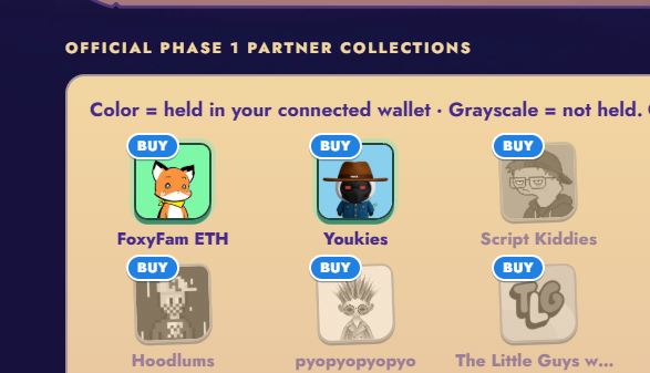 A screen displaying 'OFFICIAL PHASE 1 PARTNER COLLECTIONS' featuring NFT collections including FoxyFam ETH, Youkies, Script Kiddies, Hoodlums, pyopyopyopyo, and The Little Guys w..., with a note that color indicates tokens held in the connected wallet.