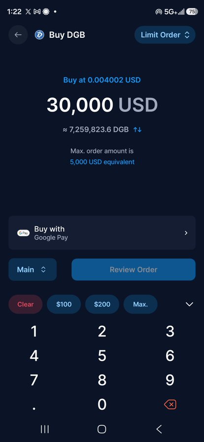 A screenshot of a cryptocurrency wallet app showing a limit order to buy DGB (DigiByte) at 0.004002 USD, with an attempt to enter 30,000 USD exceeding the maximum order amount limit of 5,000 USD equivalent, paying via Google Pay. The image illustrates a "wallet test" of the app's order limits and purchase functionality for DGB cryptocurrency.