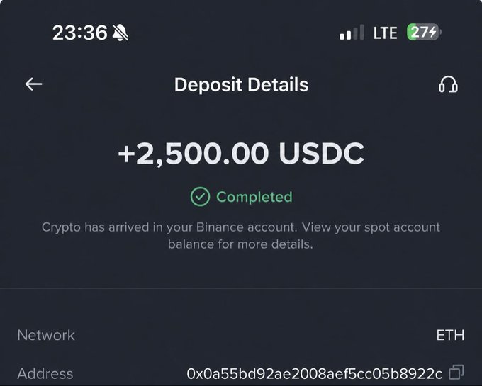 A mobile screenshot of a "Deposit Details" screen showing a completed deposit of +2,500.00 USDC via the ETH network to address 0x0a55bd92ae2008aef5cc05b8922c..., confirming the Web3 gig payment mentioned in the caption.