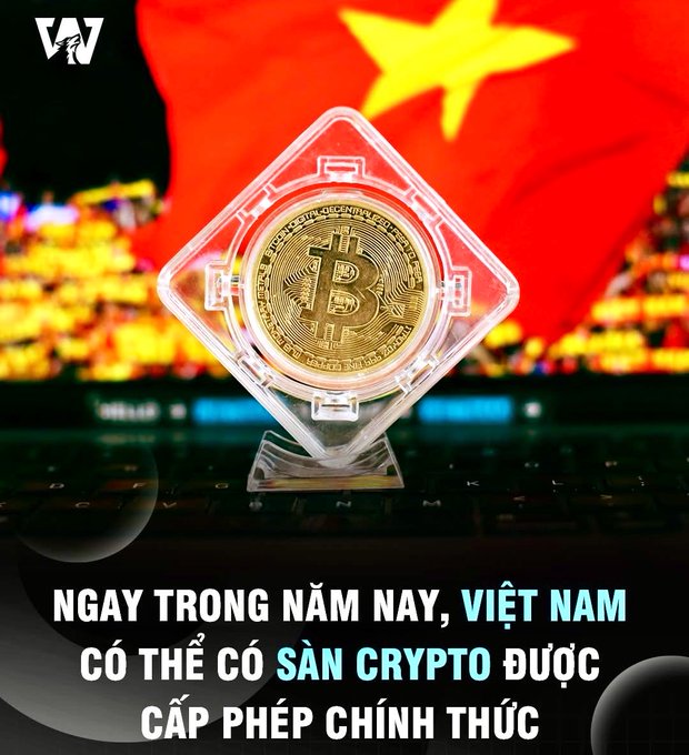 A promotional image with the VT logo showing a Bitcoin coin in a display case against a Vietnamese flag and stock exchange background, with text stating 'NGAY TRONG NĂM NAY, VIỆT NAM CÓ THỂ CÓ SÀN CRYPTO ĐƯỢC CẤP PHÉP CHÍNH THỨC' (Vietnam may have officially licensed crypto exchanges this year).