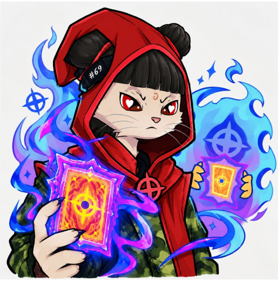 A cartoon illustration depicts a fierce cat-girl character wearing a red hood and camouflage jacket, holding a glowing red magic card while surrounded by blue flames.