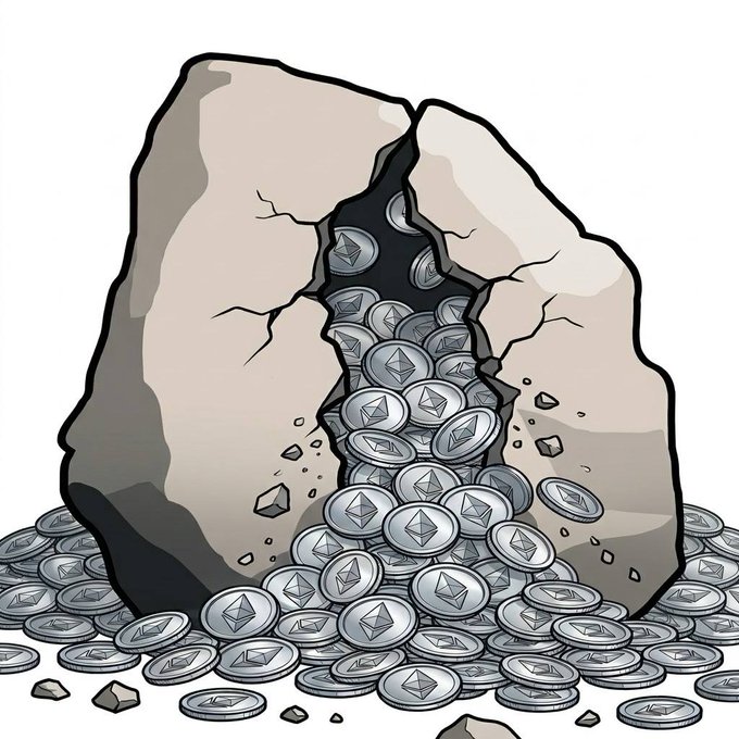 An illustration of a large rock cracked open, revealing a pile of silver Ethereum (ETH) coins spilling out from inside.