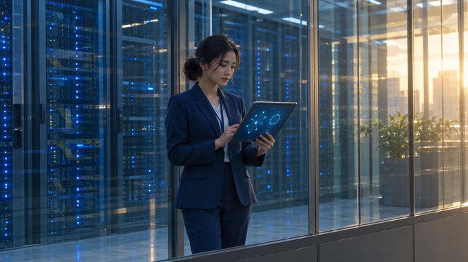A woman in a navy blue business suit stands in a data center with server racks, using a tablet that displays a circular interface.