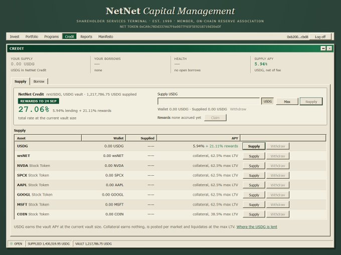 Screenshot of the NetNet Capital Management terminal showing a Credit dashboard with a supply APY of 5.94% for USDG tokens, displaying balances for various assets including NVDA, SPCX, and COIN.