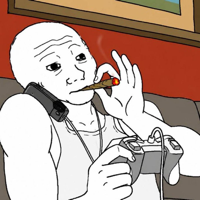 A Wojak-style cartoon figure smokes a cigar while holding a game controller and a phone to his ear, portraying the relaxed "gigachad" trader archetype. The image ties to the post's message about $WOJAK, framing it as the authentic meme coin on ETH mainnet in contrast to hyped alternatives like Robinhood listings, with the cigar and controller symbolizing the chill, degen crypto lifestyle.