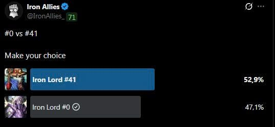 Twitter poll from Iron Allies (@IronAllies_) asking 'Make your choice' between 'Iron Lord #41' (52.9%) and 'Iron Lord #0' (47.1%).