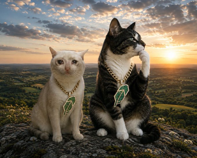 Two cats—a white cat and a tabby cat—sit majestically on a rocky outcrop at sunset, both wearing gold chains adorned with large green gemstone pendants, visually mirroring the post's playful suggestion that future blockchain projects on Robinhood Chain could attract massive ("billion-dollar") valuations, with the bejeweled felines symbolizing the "whales" or highly valued token projects in a crypto ecosystem.