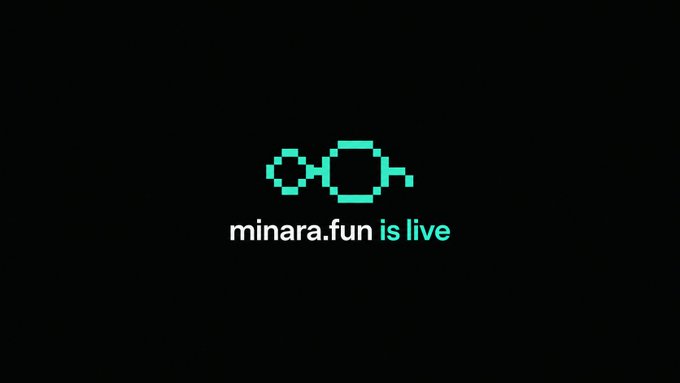 The image shows a pixelated green alien-like icon on a black background with the text "minara.fun is live" displayed below it, promoting the launch of the minara.fun platform. The post references a wallet address and a playful message about not wanting to lose, suggesting the user is announcing their participation or entry into this newly launched service.