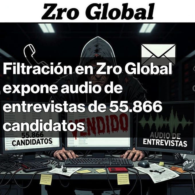 A dramatic comic-style illustration of a hooded figure at a computer with 'VENDIDO' displayed, titled 'Zro Global' with Spanish text 'Filtración en Zro Global expone audio de entrevistas de 55.866 candidatos' (Zro Global leak exposes interview audio of 55,866 candidates).