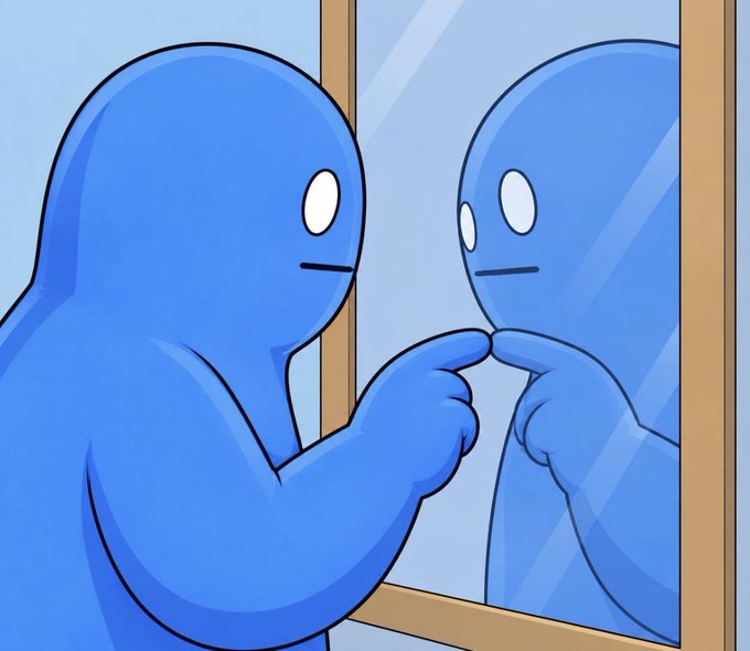 An illustration depicts a blue, faceless humanoid character touching its reflection in a mirror.