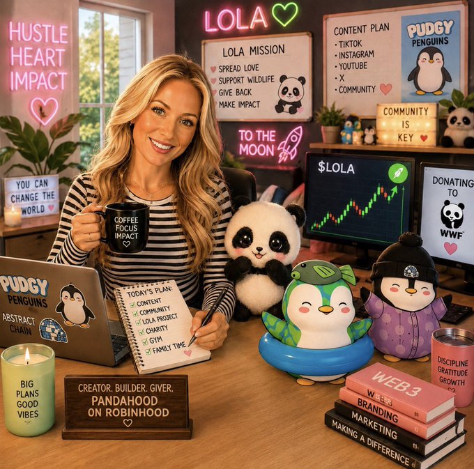 A vibrant, AI-generated image shows a blonde woman at a desk surrounded by panda and penguin plush toys, neon signs reading 'HUSTLE HEART IMPACT' and 'LOLA', and various items labeled with terms like 'LOLA MISSION', 'CONTENT PLAN', and 'CREATOR. BUILDER. GIVER.'