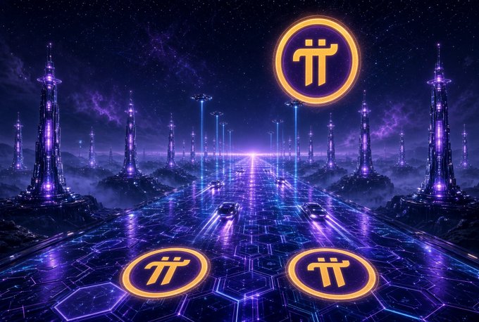 A futuristic neon-lit digital landscape featuring futuristic towers, glowing pathways, and vehicles, with the Pi Network logo (π) prominently displayed against a starry purple sky and on road medallions, symbolizing Pi Network's V27 upgrade amid market uncertainty.