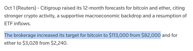 The image is a Reuters news headline from October 1 announcing that Citigroup raised its 12-month forecasts for bitcoin to $113,000 (up from $82,000) and ether to $3,028 (up from $2,240), citing stronger crypto activity and ETF inflows—directly supporting the post's claim about Citi's bullish $113,000 bitcoin target.