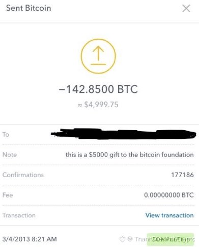 Screenshot of a Bitcoin transaction showing '-142.8500 BTC' (~$4,999.75) sent as a $5000 gift to the bitcoin foundation on 3/4/2013, with 177186 confirmations.