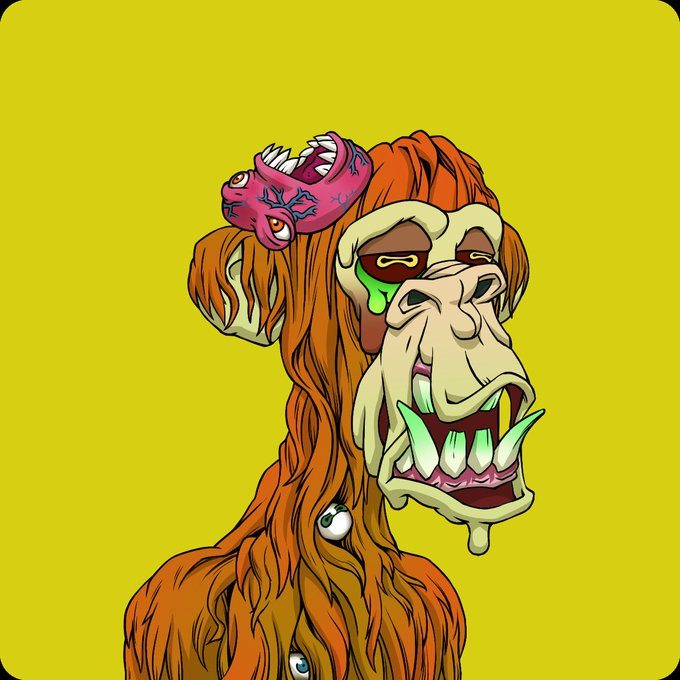 A cartoon illustration depicts a grotesque, monstrous creature with orange hair, sharp fangs, bulging eyes, and a small pink creature perched on its head, set against a yellow background.