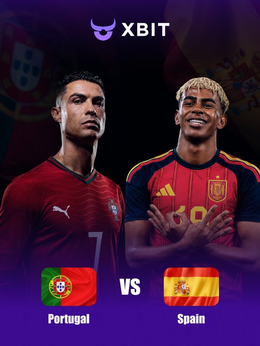 An XBIT promotional graphic featuring Cristiano Ronaldo in Portugal's jersey alongside Lamine Yamal in Spain's jersey for their upcoming match.