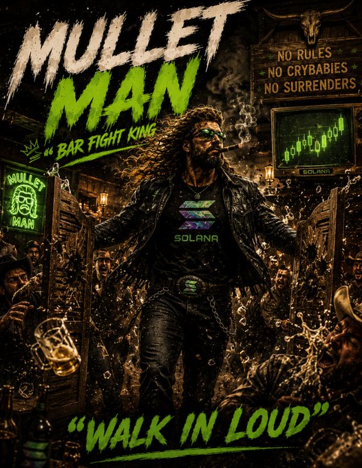 The poster features a man with long hair, dressed in black clothing, standing in front of a bar scene that includes a neon sign for "Walk In Loud" and a beer glass. The background shows a crowd of people at a bar, which suggests that this is an advertisement for a movie or show called Mullet Man. The poster uses the image to promote the film by associating it with a popular social event like going out to a bar.