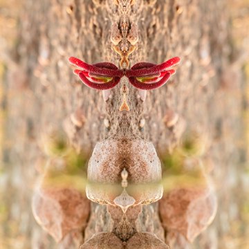 The image features an abstract art piece that appears to be a tree trunk with a face carved into it. The face has red eyes and a red nose, giving it a unique and intriguing appearance. The background of the image is blurred, making the focus on the face in the center stand out even more. The text "Now you can also find my Ðoginals Art Collection on @SolidSusX" suggests that this artwork might be part of an online collection or series dedicated to the artist's work.