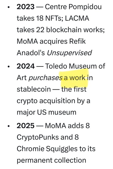 The image shows a bulleted timeline of major museum crypto acquisitions from 2023-2025, highlighting the Centre Pompidou and LACMA's NFT/blockchain purchases in 2023, the Toledo Museum of Art's 2024 stablecoin acquisition (the first by a major US museum), and MoMA's 2025 addition of CryptoPunks and Chromie Squiggles. This relates to the accompanying post, which provides additional context identifying the artist behind the 2024 Toledo Museum stablecoin purchase as Yatreda, with the specific artwork being "Abyssinian Queen."