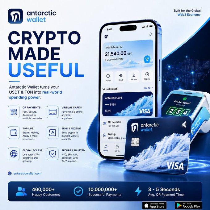 An advertisement for 'Antarctic Wallet,' a crypto payment platform, promoting its tagline 'CRYPTO MADE USEFUL' by converting USDT & TON into real-world spending via Visa virtual cards and QR payments, featuring statistics like 460,000+ happy customers and 10,000,000+ successful payments.