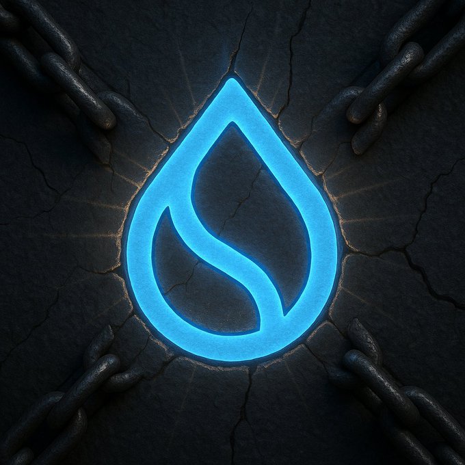 A glowing cyan Sui ($SUI) droplet logo is carved into cracked, dark stone, with heavy chains radiating from each corner—symbolizing the extreme compression and tension before an imminent breakout.