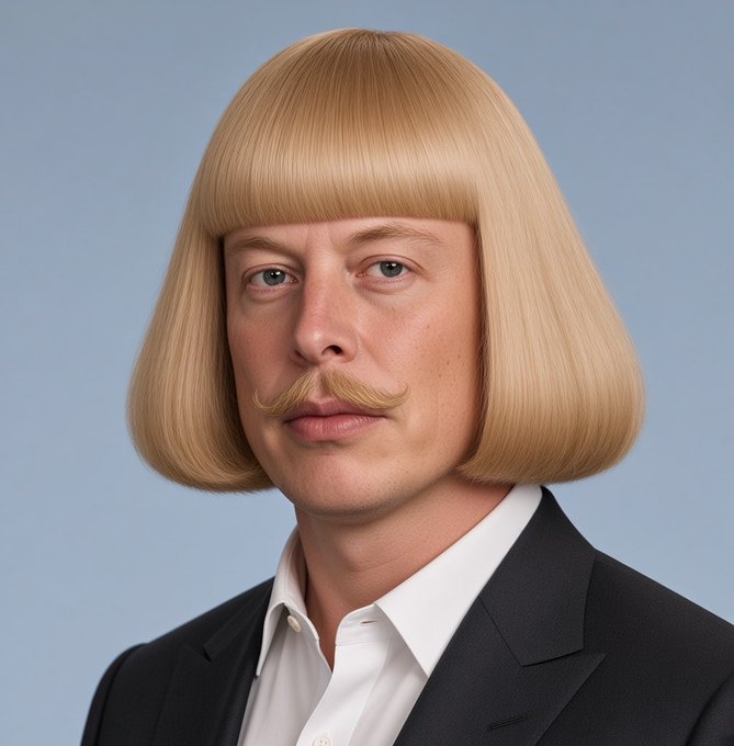 A digital portrait of a man wearing a black suit with a distinctive blonde bob haircut with bangs and a curled handlebar mustache against a blue background.