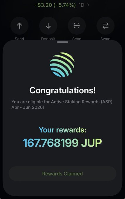 A mobile app screenshot showing a 'Congratulations!' message for Jupiter (JUP) Active Staking Rewards, displaying a reward of 167.768199 JUP claimed for the Apr-Jun 2026 period.