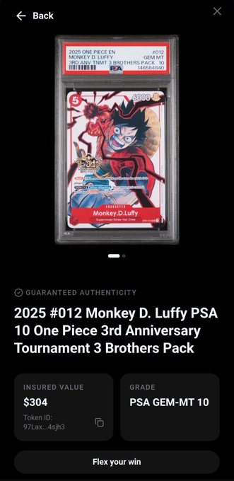 An app screenshot showing a PSA-graded '2025 ONE PIECE EN. #012 MONKEY D. LUFFY' trading card valued at $304 with grade 'PSA GEM-MT 10' and a 'Flex your win' button.
