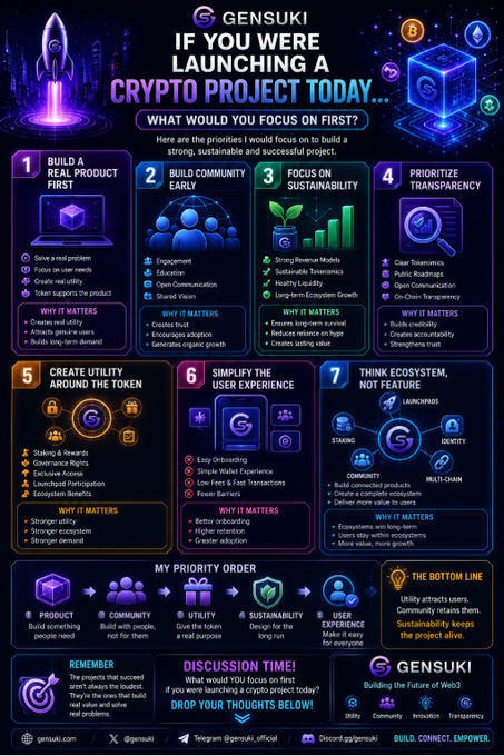 An infographic by Gensuki titled 'IF YOU WERE LAUNCHING A CRYPTO PROJECT TODAY... WHAT WOULD YOU FOCUS ON FIRST?' outlines 7 priorities including building a real product, community, sustainability, and transparency, with discussion prompts at the bottom.