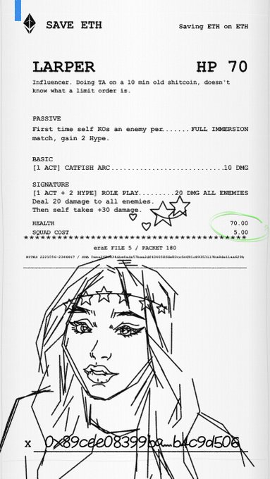 A digital collectible or NFT card titled 'LARPER' with 'HP 70', featuring a black and white sketch of a woman with a star headband and a 'SAVE ETH' header.