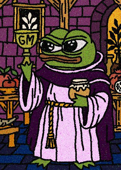 A pixel art illustration of a sad green frog dressed as a monk or priest in purple and pink robes, holding a chalice marked 'GM' in a stone-walled room.
