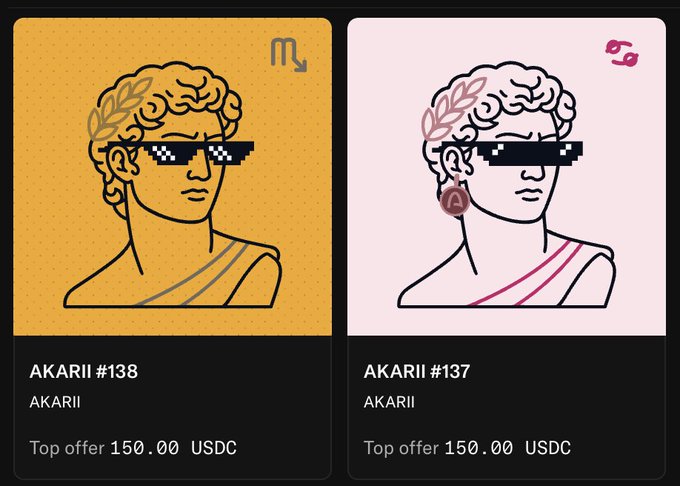 Two NFT digital art pieces titled AKARII #137 and AKARII #138, depicting classical-style busts wearing pixelated sunglasses, each listed with a top offer of 150.00 USDC.