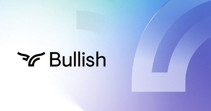 The image displays the "Bullish" logo alongside a stylized bull icon, set against a soft blue and purple gradient background featuring a large bull's horn graphic. This visual reinforces the company's brand identity as it announces a $100 million GPU-backed loan financing investment in USD.AI, following an earlier $4 million equity investment.
