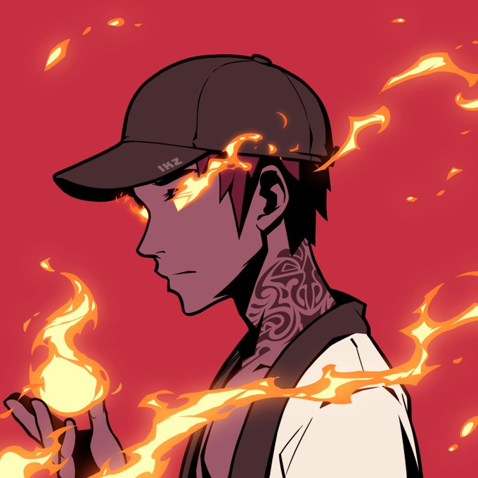 An anime-style illustration of a character wearing a black cap with glowing eyes, surrounded by flames on a red background.