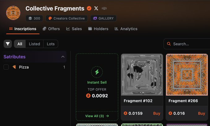 The image shows an NFT marketplace listing page for "Collective Fragments" (Creators Collective, 300 inscribers), displaying fragments with prices such as #102 at 0.0159 (0.0092 top offer) and #266 at 0.016. This directly illustrates the post's point about #266 being a slightly higher-priced, non-undercutter listing compared to the cheaper floor-fragment #102.
