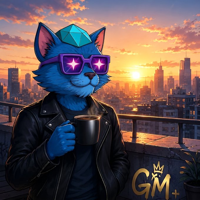 A digital illustration of a blue anthropomorphic cat character wearing a diamond-shaped hat and star-shaped sunglasses, holding a steaming mug against a sunset cityscape, with a 'GM' logo in the corner.