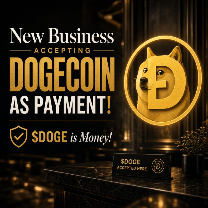 A promotional graphic advertises a new business accepting Dogecoin ($DOGE) as payment, featuring the Dogecoin dog logo and a sign reading '$DOGE Accepted Here.'