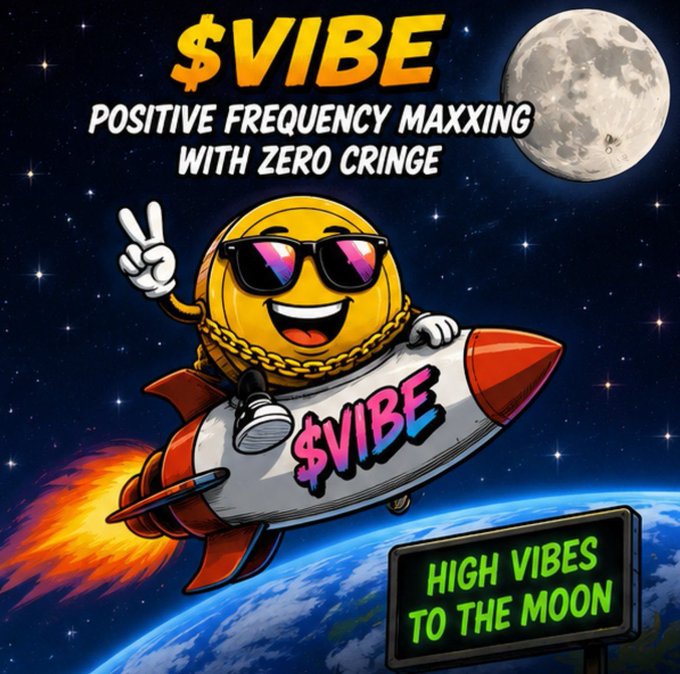 A cartoon meme graphic featuring a smiling gold coin character wearing sunglasses and a gold chain riding a rocket through space, with text reading '$VIBE POSITIVE FREQUENCY MAXXING WITH ZERO CRINGE' and a neon sign saying 'HIGH VIBES TO THE MOON'.