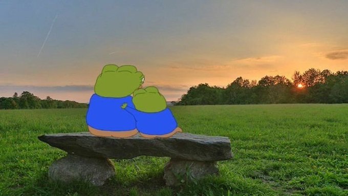 Two cartoon frogs wearing blue shirts sit together on a stone bench in a grassy field at sunset.