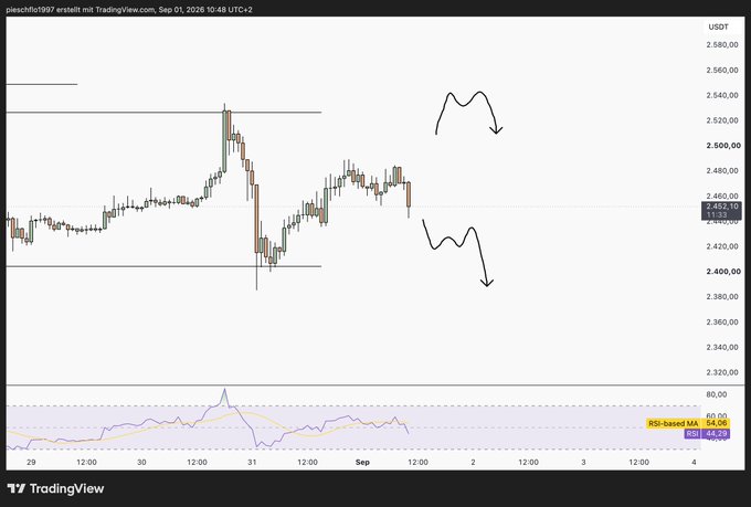 A TradingView price chart titled 'pueschlo1997 erstellt mit TradingView.com, Sep 01, 2026 10:48 UTC+2' displays the USDT price action around $2,450 with hand-drawn arrows pointing downward and an RSI-based MA indicator at the bottom.