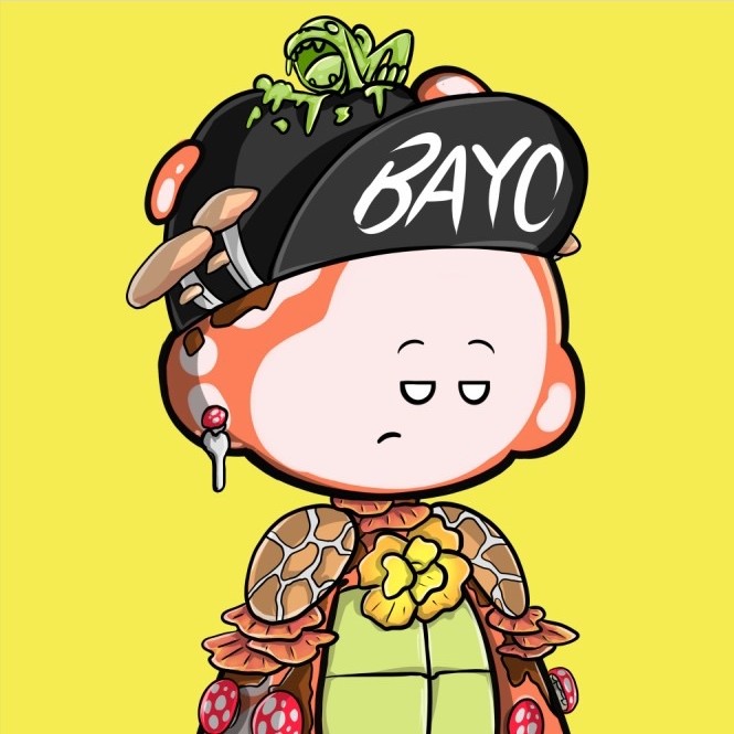 A cartoon character with a mushroom-shaped head wears a black cap labeled "BAYO" with a frog perched on top, set against a yellow background. The whimsical design complements the cheerful "Good morning my friends" greeting, giving it a playful and friendly vibe.