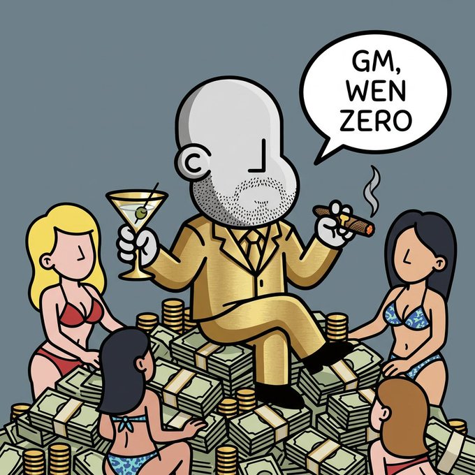 The image features a cartoon man sitting atop stacks of money with a caption reading "Gm gm all the legends! Have a great day, and never forget that it' s all going to zero @npconchain #NPCrichmen". The cartoon man is wearing a suit and tie while holding a drink in his hand. There are several women surrounding him, some of whom appear to be dancing or posing for pictures with the money stacks as their backdrop.