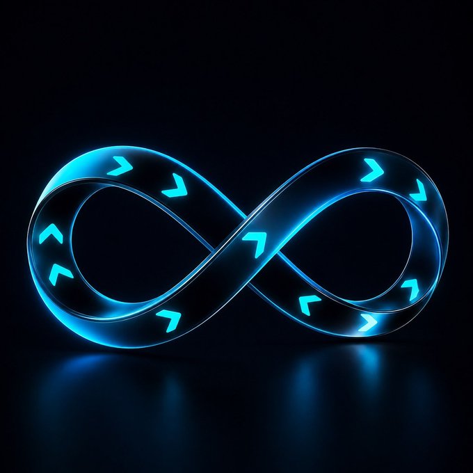 A glowing blue infinity symbol adorned with small chevron-like arrows wraps around itself, representing the limitless opportunities suggested by the caption "One wallet, infinity opportunities." The endless loop visually echoes the concept of boundless financial possibilities, with the arrows implying forward momentum and growth within a unified platform.