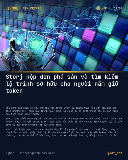 A cyberpunk-themed infographic from @kof_news dated 27/07, featuring an astronaut at a computer with a network of nodes, headlines Storj's Chapter 11 bankruptcy filing and the search for a custodian for $STORJ token holders. The Vietnamese text explains that Storj's decentralized storage service has filed for bankruptcy while assuring the network will continue operating normally.
