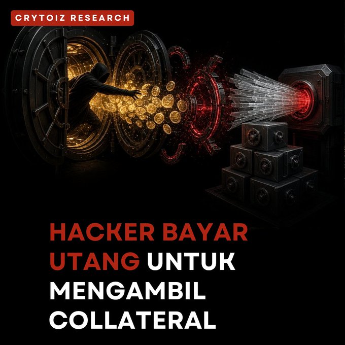 A digital graphic with 'CRYTOIZ RESEARCH' in a red box at the top left, depicting a hooded figure reaching into an open safe, with text reading 'HACKER BAYAR UTANG UNTUK MENGAMBIL COLLATERAL'.