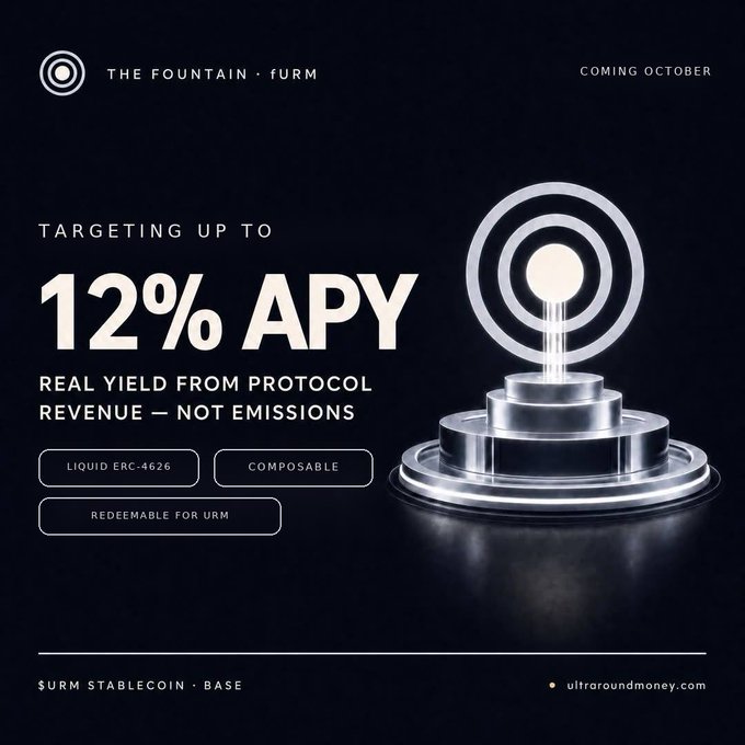 A promotional graphic for 'THE FOUNTAIN · fURM' advertising '12% APY' as 'REAL YIELD FROM PROTOCOL REVENUE — NOT EMISSIONS', noting features 'LIQUID ERC-4626', 'COMPOSABLE', and 'REDEEMABLE FOR URM', for the '$URM STABLECOIN · BASE'.