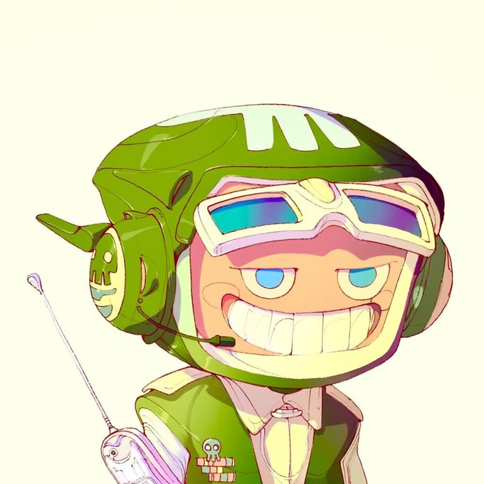 A cartoon-style digital illustration of a cheerful character wearing a green pilot/airline stewardess uniform with a helmet, blue-tinted goggles, and a headset, smiling broadly with visible teeth.